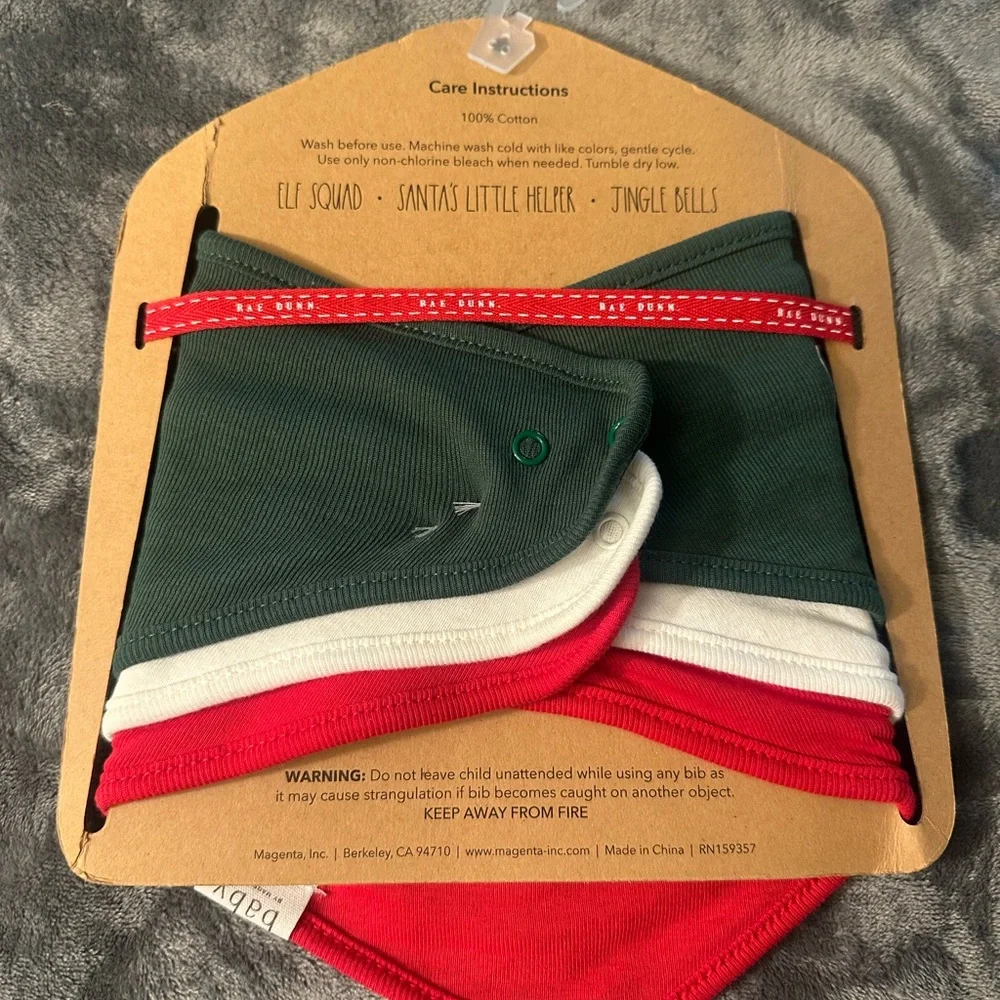 Rae Dunn Christmas Baby Bibs Pack Of 3 Santas Helper Elf Squad Jingle Bells New